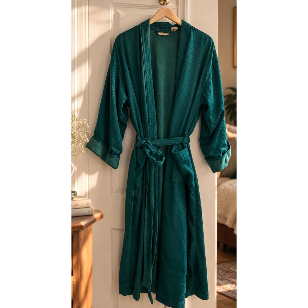 Vintage Victoria's Secret Gold Label Teal Satin Jacquard Bathrobe M/L